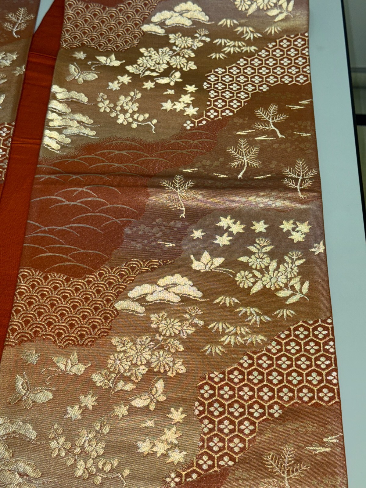 Japanese Vintage Kimono Fukuro Obi silk brown expensive embroidery 167.7×12.2in