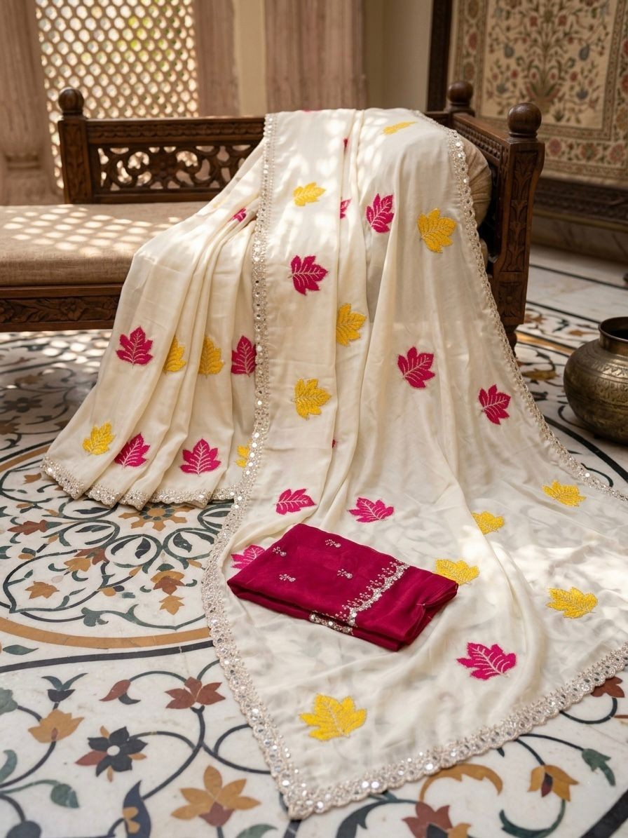 Chiffon Saree Mirror Work Sequin Embroidered Indian Party Wear Women Blouse Set
