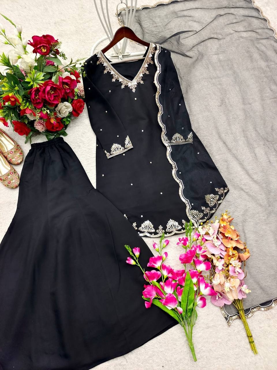 Stunning Black Roman Silk Top Palazzo With Dupatta For Women Party Wear