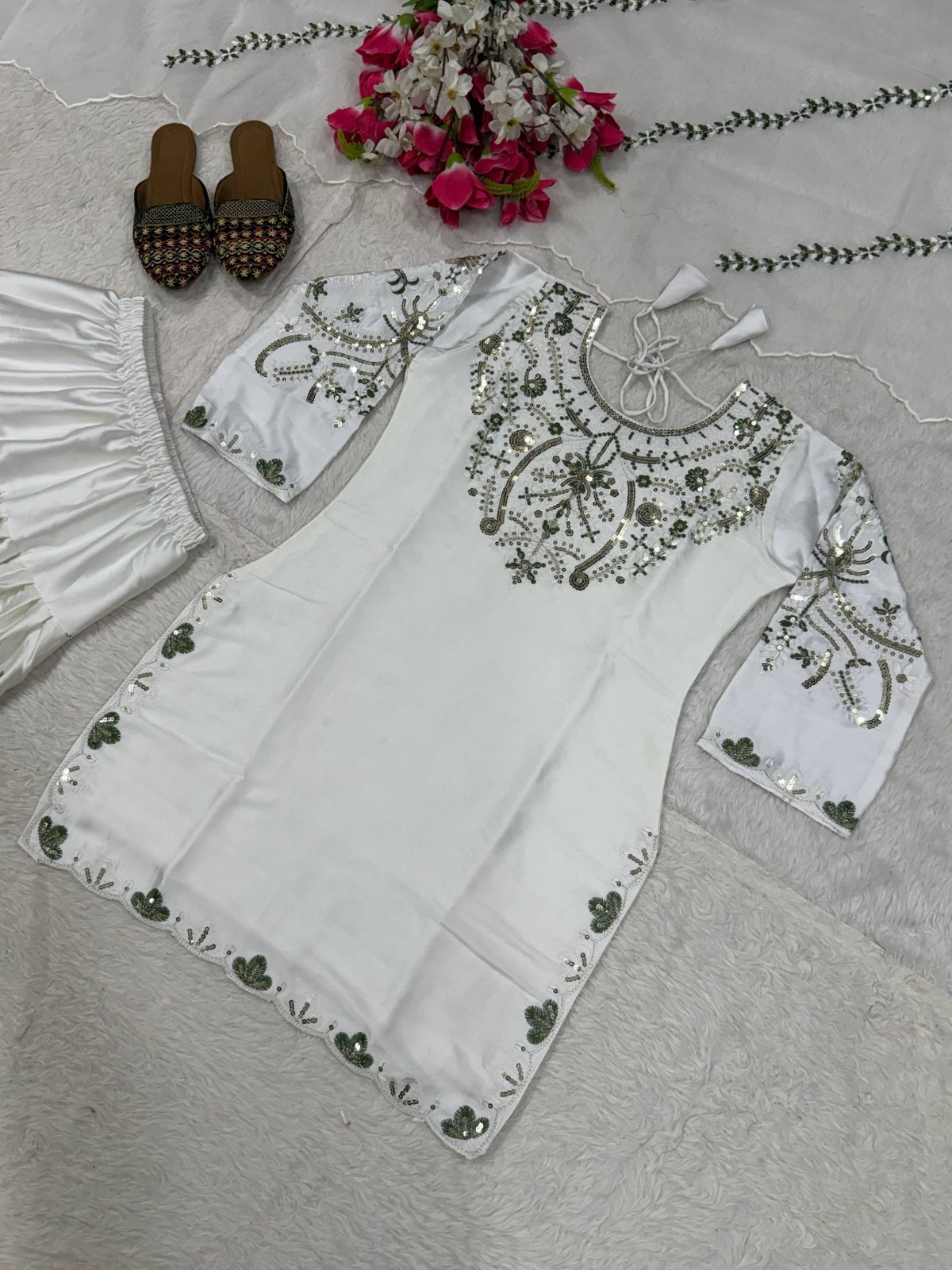 Latest Heavy Japan Satin White Top Bottom With Dupatta For Women Party Wear
