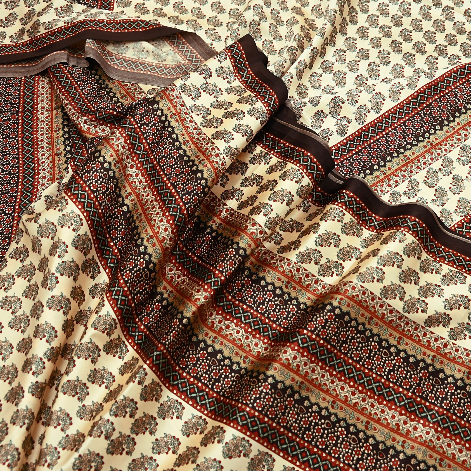 Indian Vintage Saree Beige Satin Printed Sari 5yd Sewing Floral Soft Craft Fabri