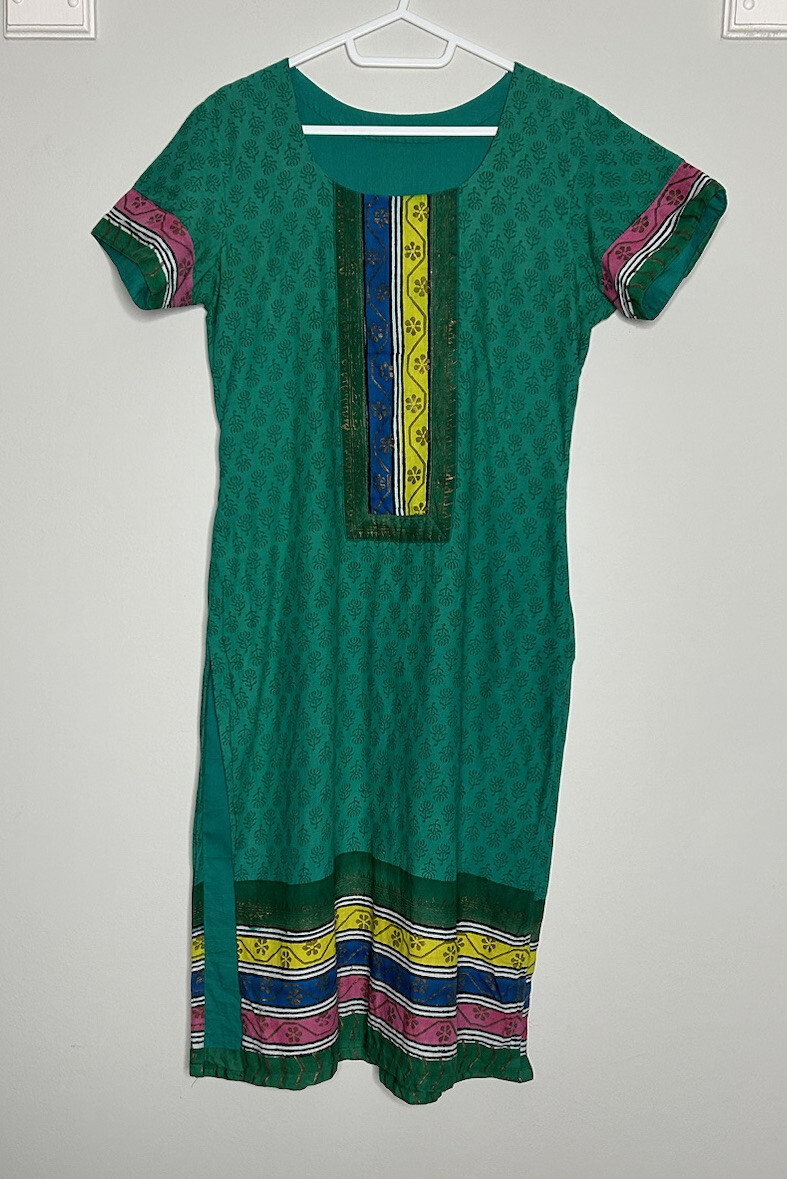 Indian Pakistani Women’s Casual Kurta Green Short Sleeve Scoop Neck w/ Lining