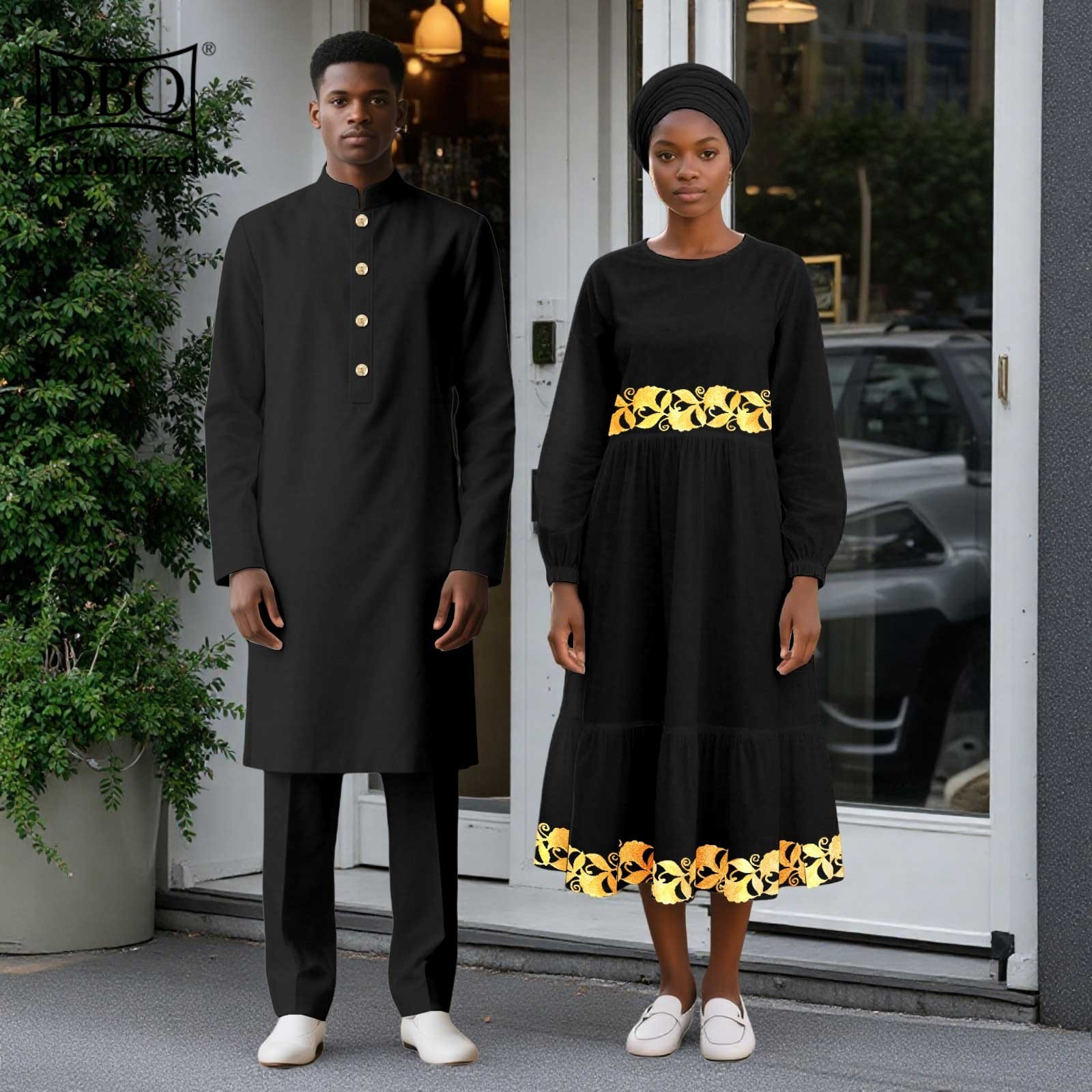 African Wedding Clothes Men Long Jacket Pants Set Women Midi Dress with Headwrap