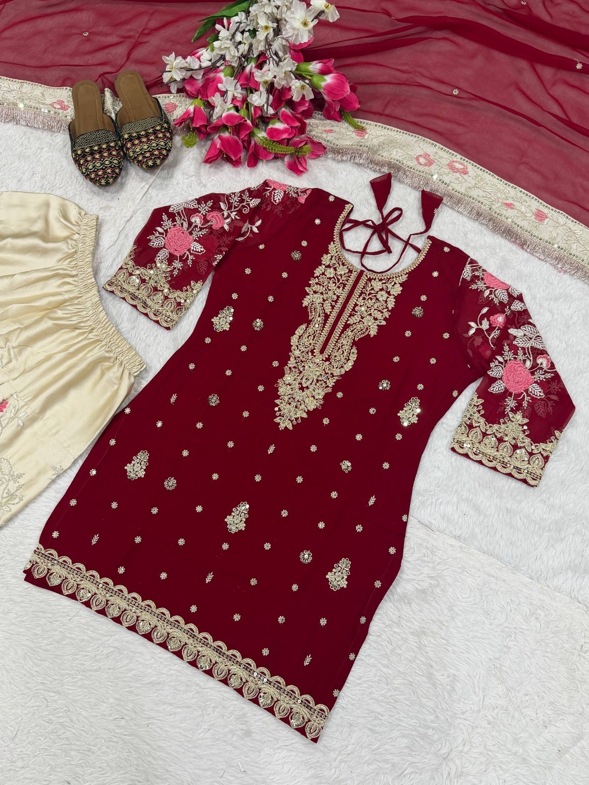 Latest Maroon Faux Georgette Salwar Kameez With Dupatta For Indian Festive Wear