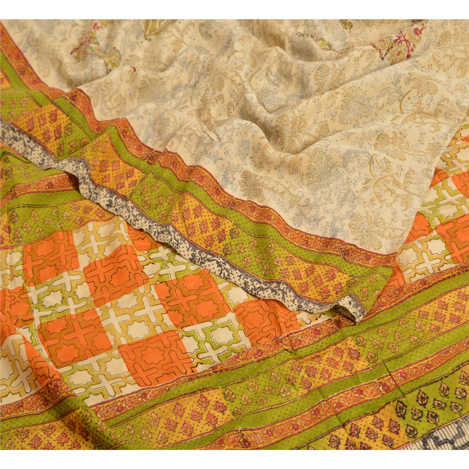 Sanskriti Vintage Sarees Pale-Cream Printed Pure Crepe Silk Sari Craft Fabric
