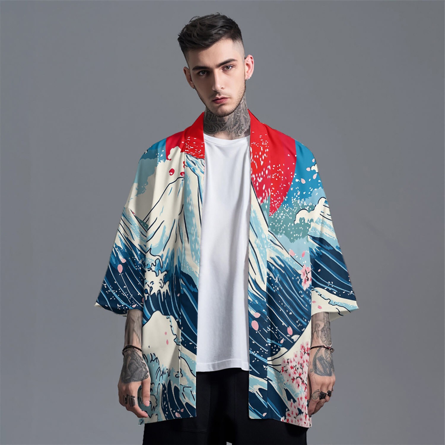 Niepce Men’s Japanese Graphic Lightweight Fuji Waves Kimono Cardigan Shirt Top