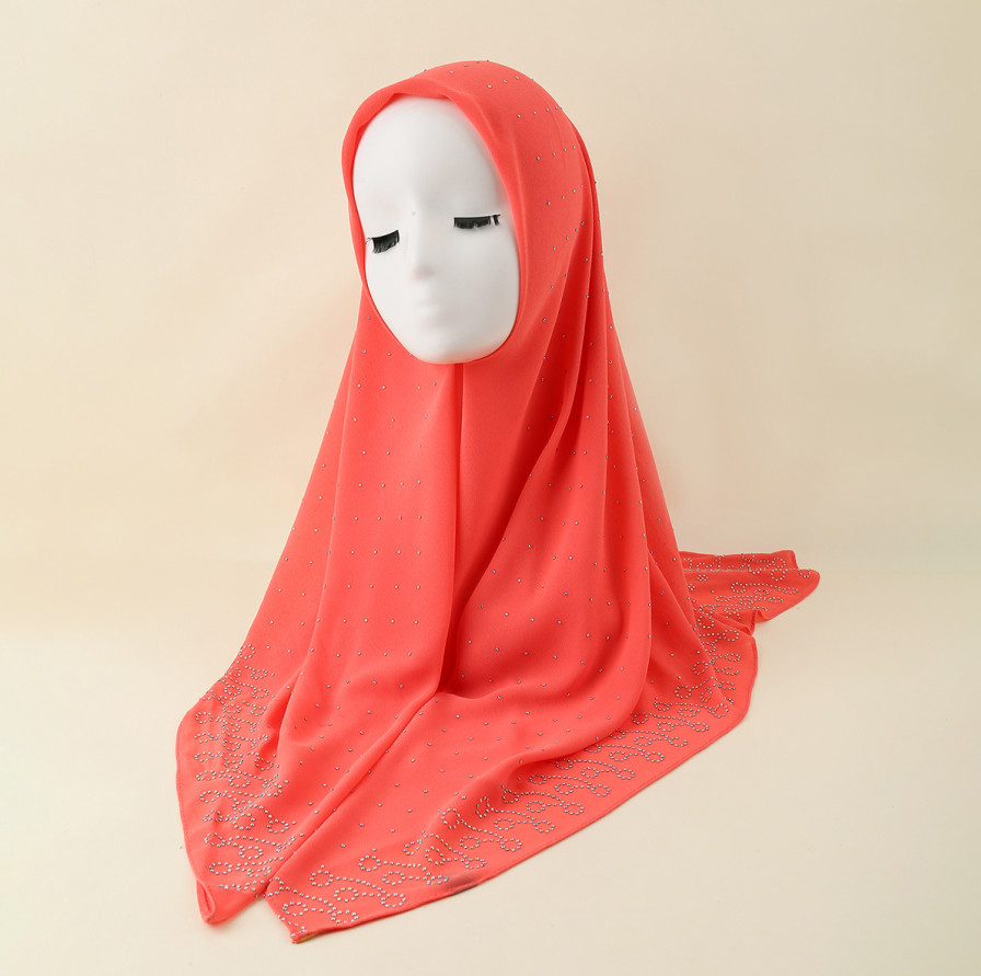Rhinestone Pearl Chiffon Large Square Scarf Turban Muslim Hijabs Kerchief Shawls