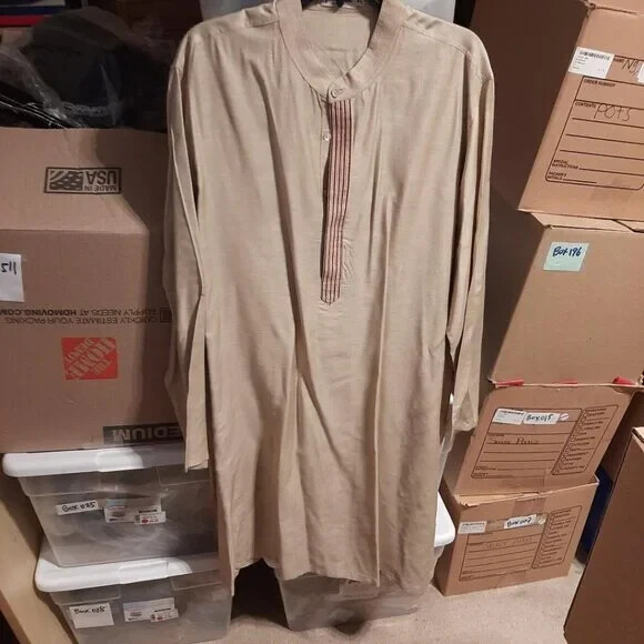 Fabindia Men Long Kurta Gold Silk Blend Beige 40