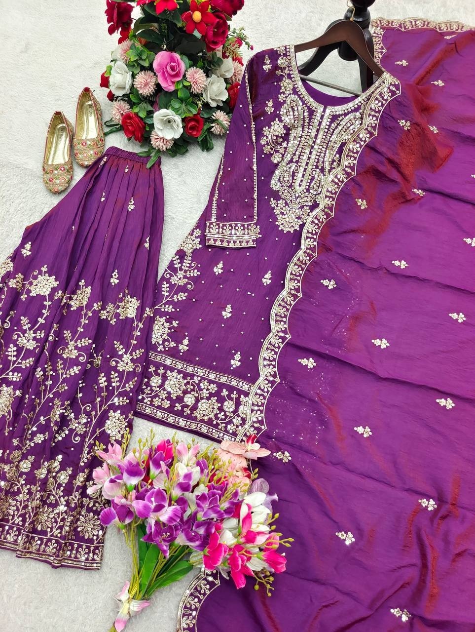 Designer Purple Satin Silk Top Palazzo With Dupatta For Indian Reception Wear