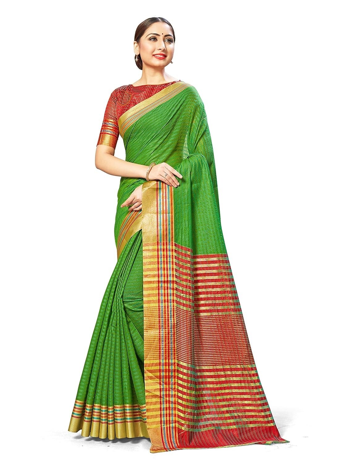 Womens Cotton Silk Blend Kota Doria Self Design Golden Zari Stripped Saree