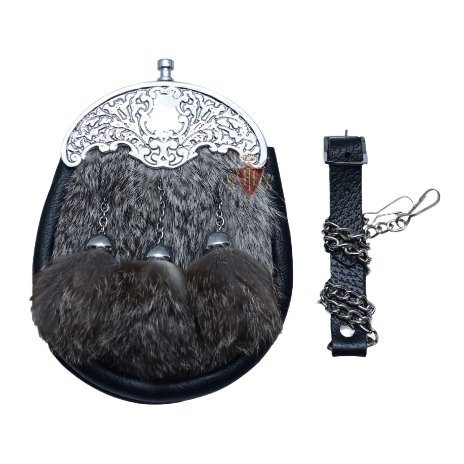 Gray Fur Baby Sporran Thistle Cantle with Three Tassels