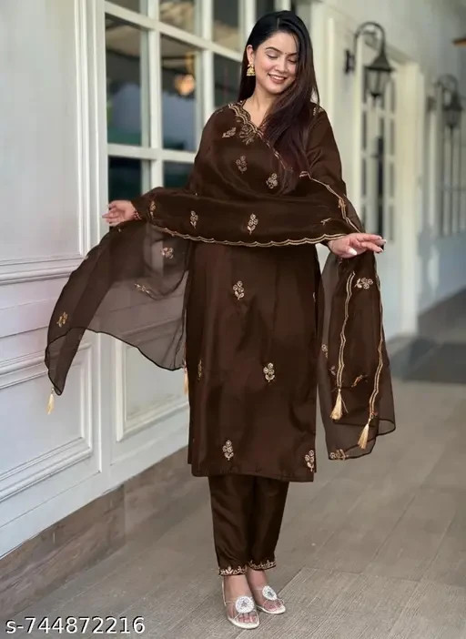 Embroidered Work Cotton Silk Readymade Salwar Suit in Coffee Brown for Women