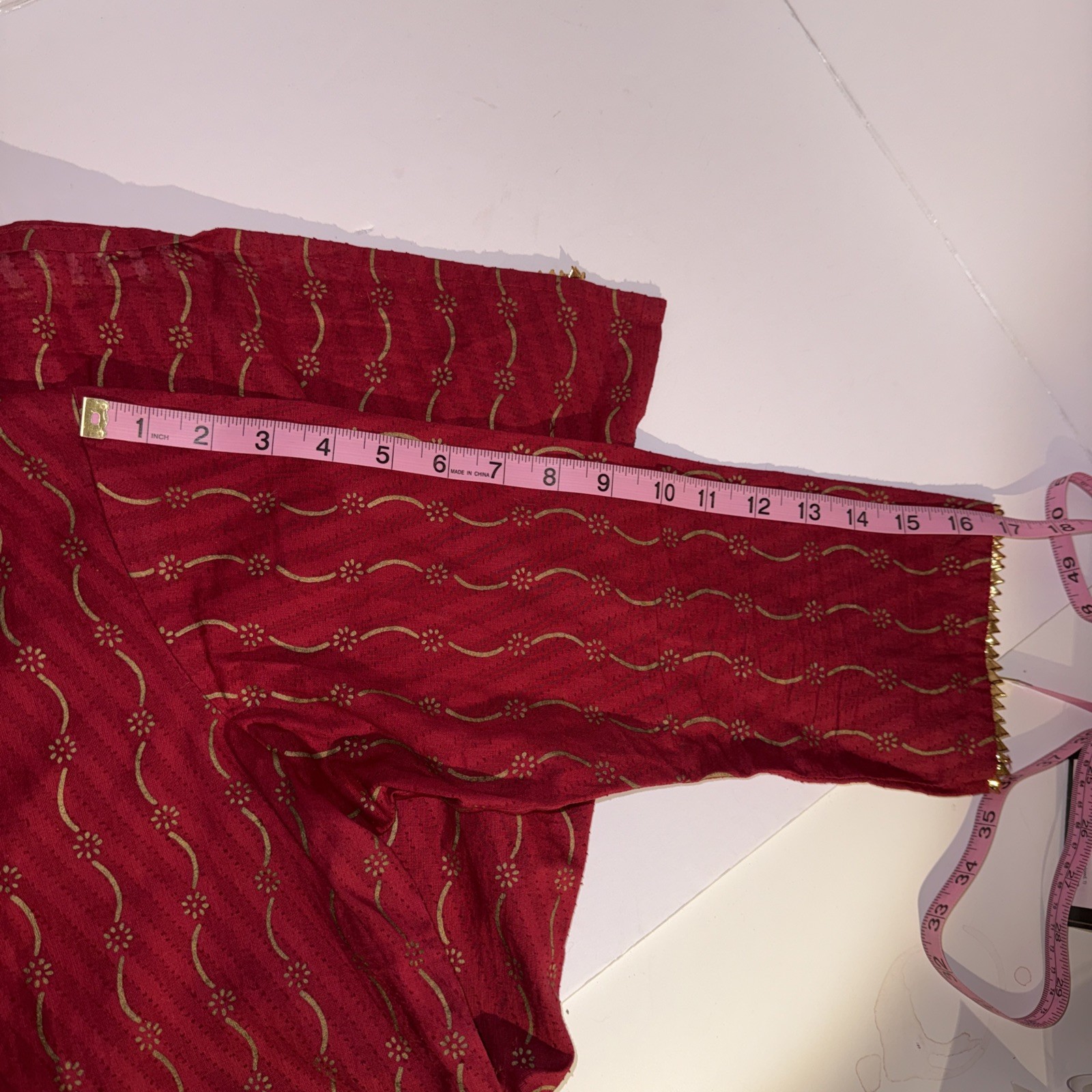 Dark Red Velvet 3/4 Sleeve Tunic Gold Metallic Thread Embroidery Boho Top Size 2