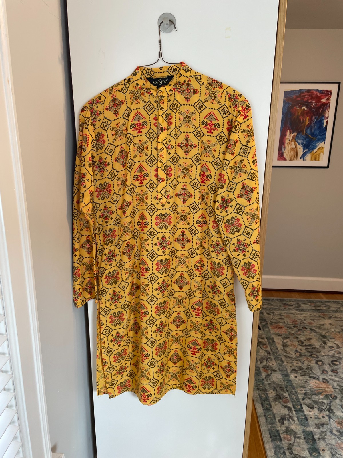 Sojanya Men’s Cotton Linen Printed Long Kurta – Yellow pattern – Size 40