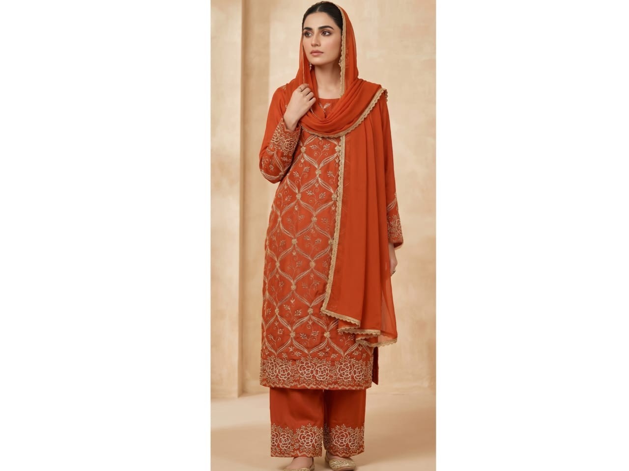 Orange Organza Salwar Kameez Suit Set Handmade Hand Embroidered Custom Size…