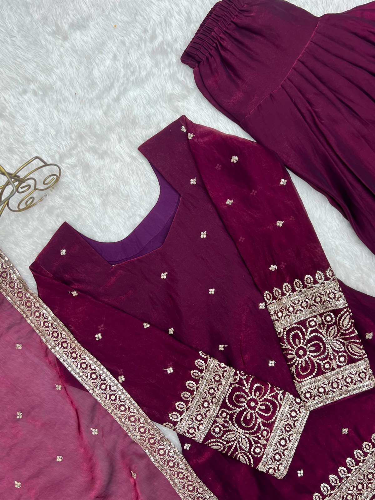 Designer Heavy Fendy Silk Top Kurta with Farshi Shalwar Glass Roman Silk Dupatta