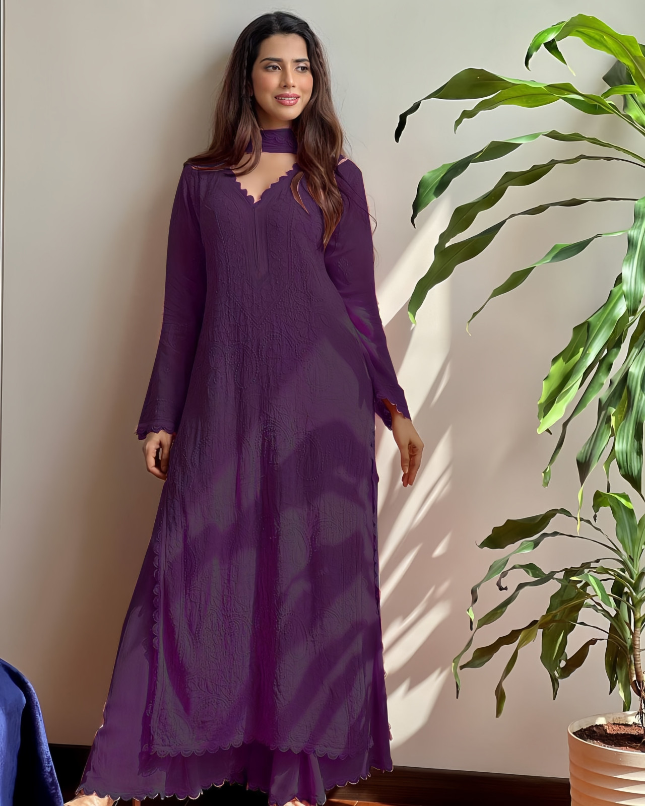 Georgette Embroidered Chikankari V Neck Kurta with Palazzo and Dupatta