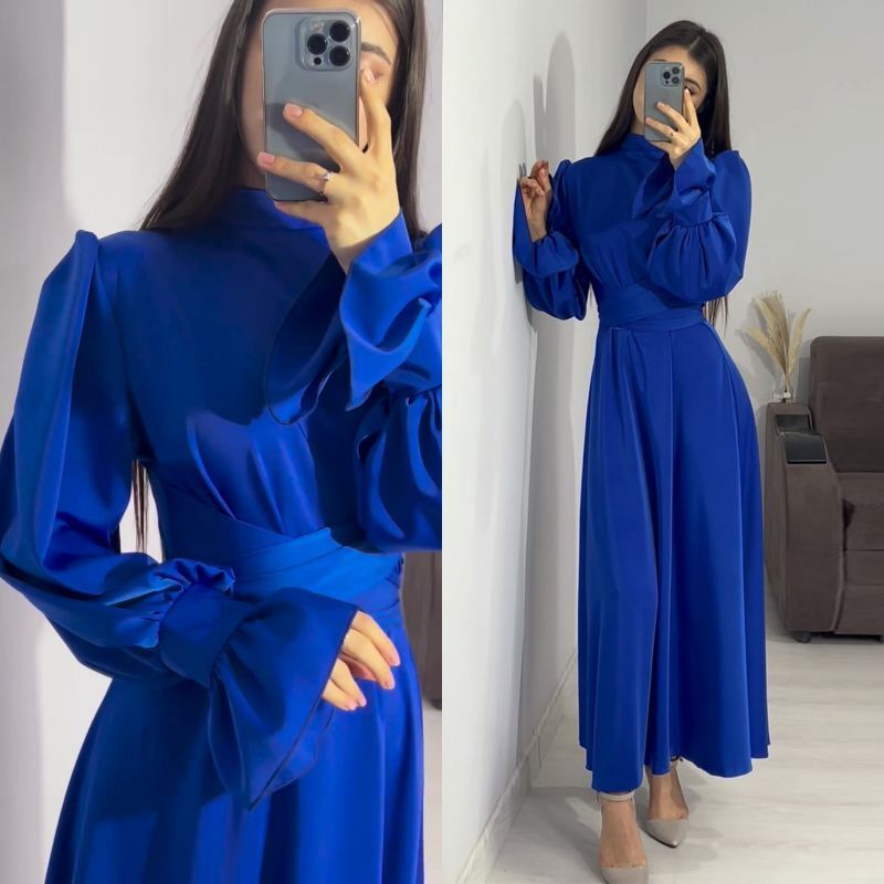 Women Long Dress Lantern Sleeves High Neck Party Plain Color Gown Lace Up Dress