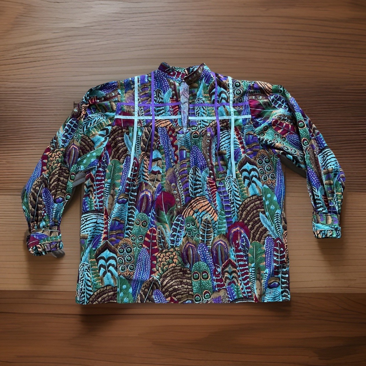 Printed FEATHERS UP Custom Made Ribbon Shirt XL Notch Neck Ruffled Sleeves