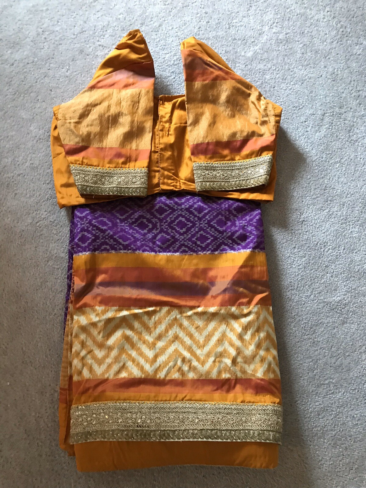 Indian Womans Sari Purple And Yellow Blouse Included With Inseams Inside