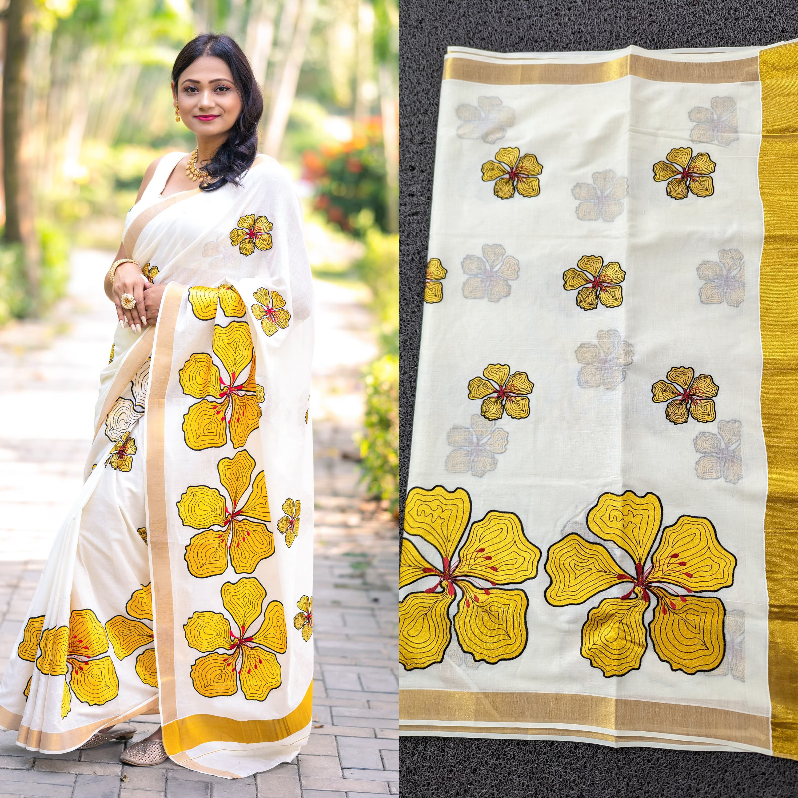 Kerala Big Flower Embroidered Cotton Saree 6.25KeralaSaree,Vishu Saree,Onam Sari