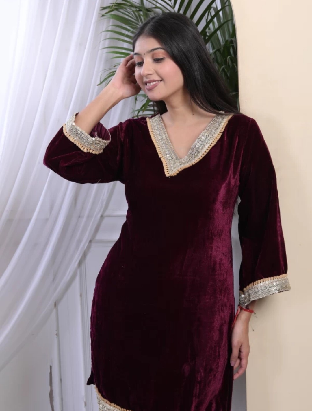 Indian Ethnic wear; Women Solid Zari Lace work Velvet Kurta with Salwar
