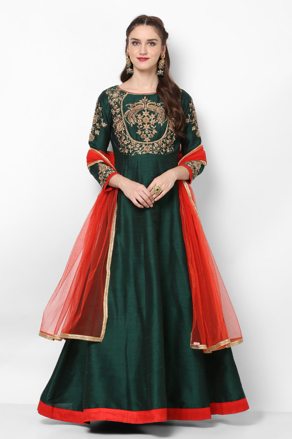 Green Color Silk Anarkali Kurta Set with Heavy Hand Embroidery