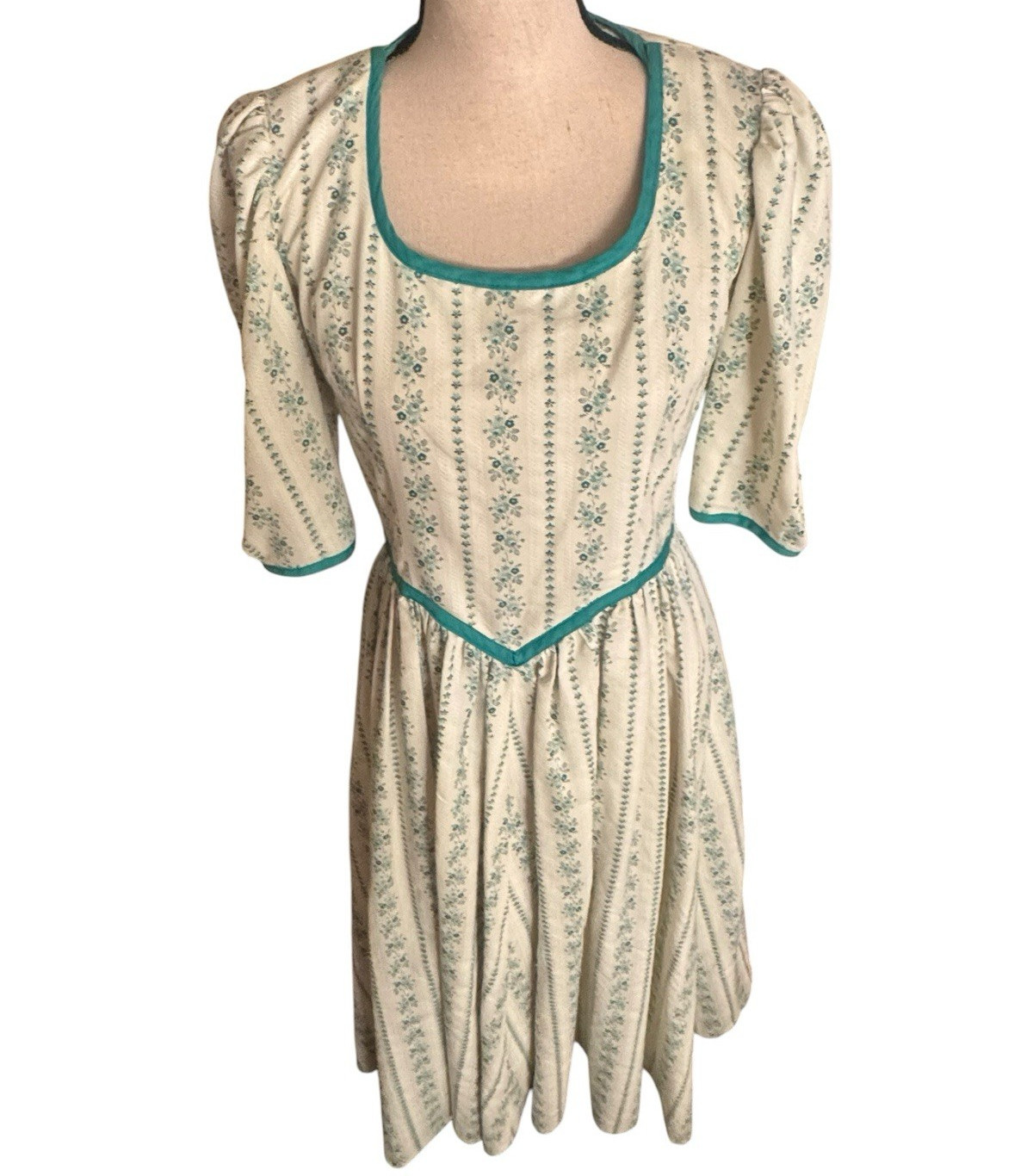 Handmade Women’s German Dirndl Dress Green Floral Striped Puff Sleeve S