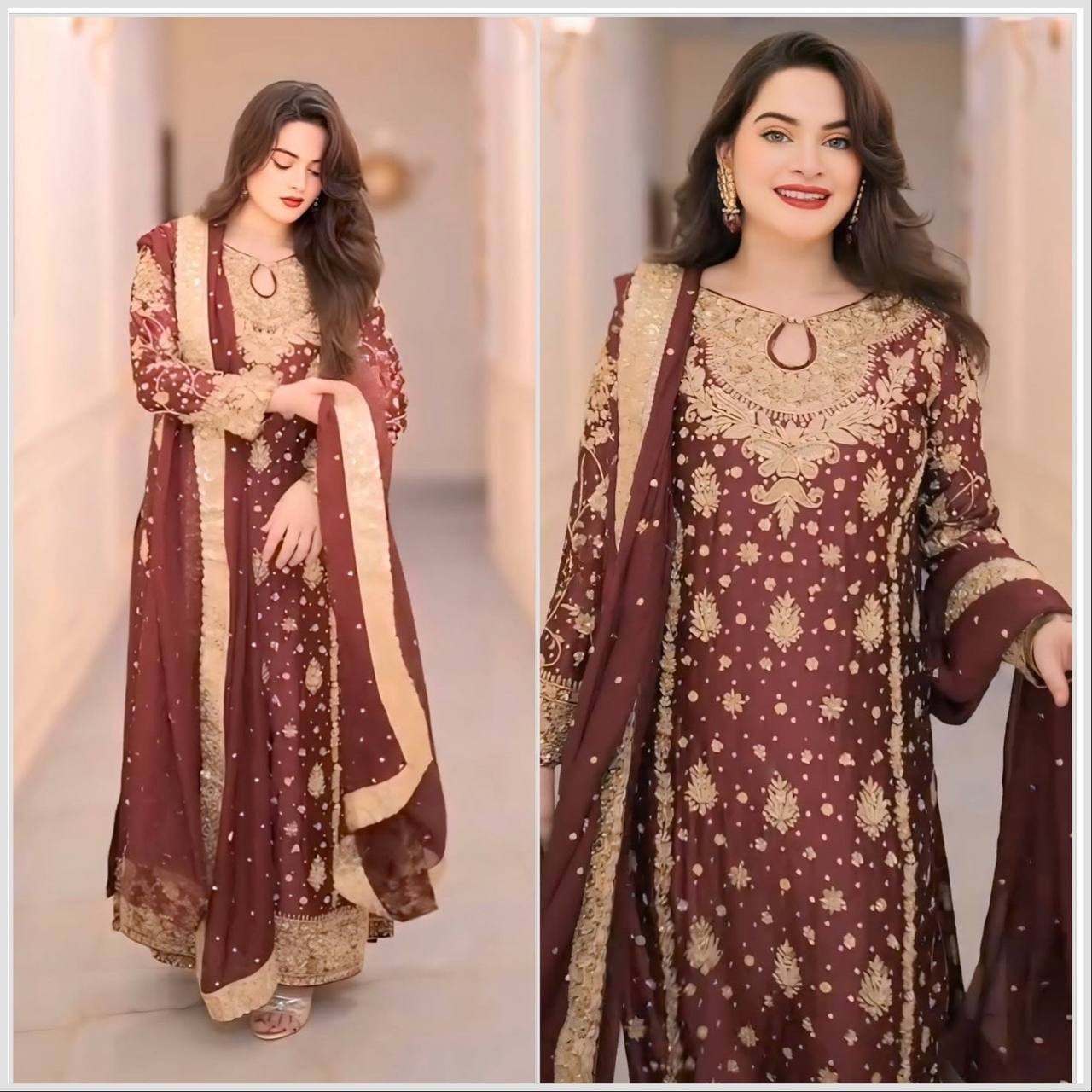 Fancy Designer Faux Georgette Maroon Top Palazzo With Dupatta For Festival Wear