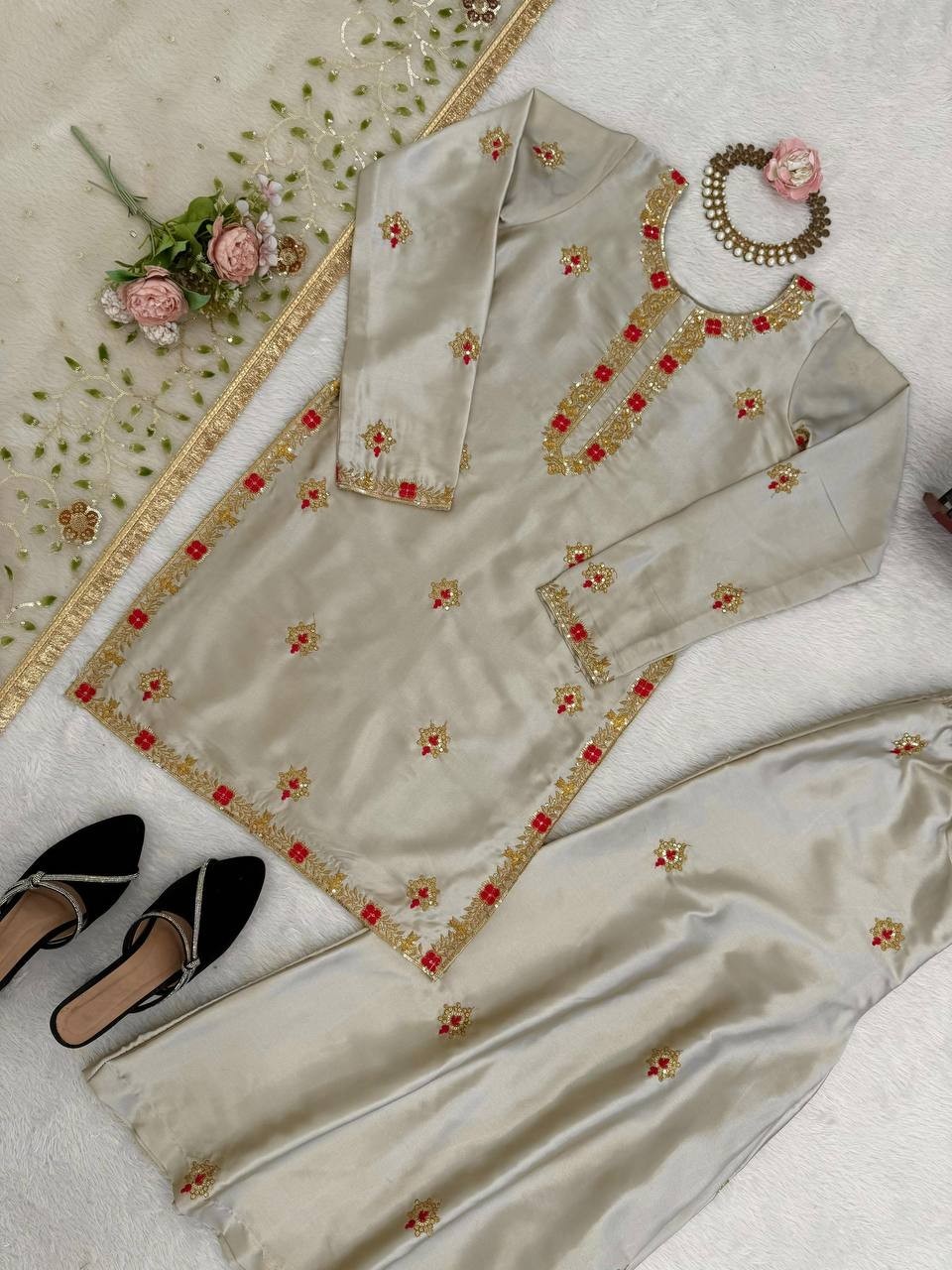 Beautiful Zapan Satin Silk Cream Palazzo Suit With Dupatta For Indian Party Wear