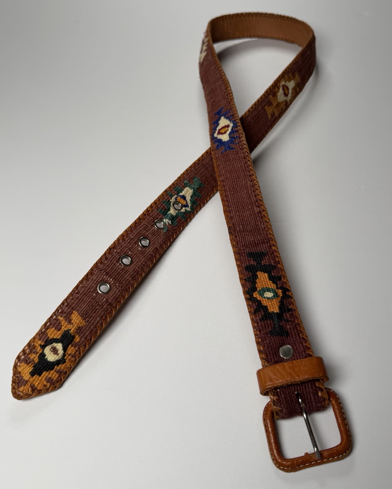 Handwoven Vintage Textile And Leather Rancho Belt Mayan Made In Guatemala Sz 38