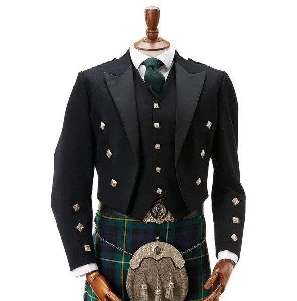 Scottish Men’s Prince Charlie Kilt Jacket With 5 Button Vest Wedding Kilt Jacket