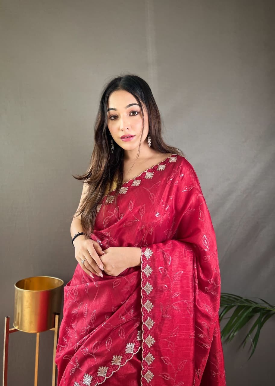 Women’s Pure Ruhi Silk Saree Jal Sequin Work Cutwork Border Party Wear Blouse
