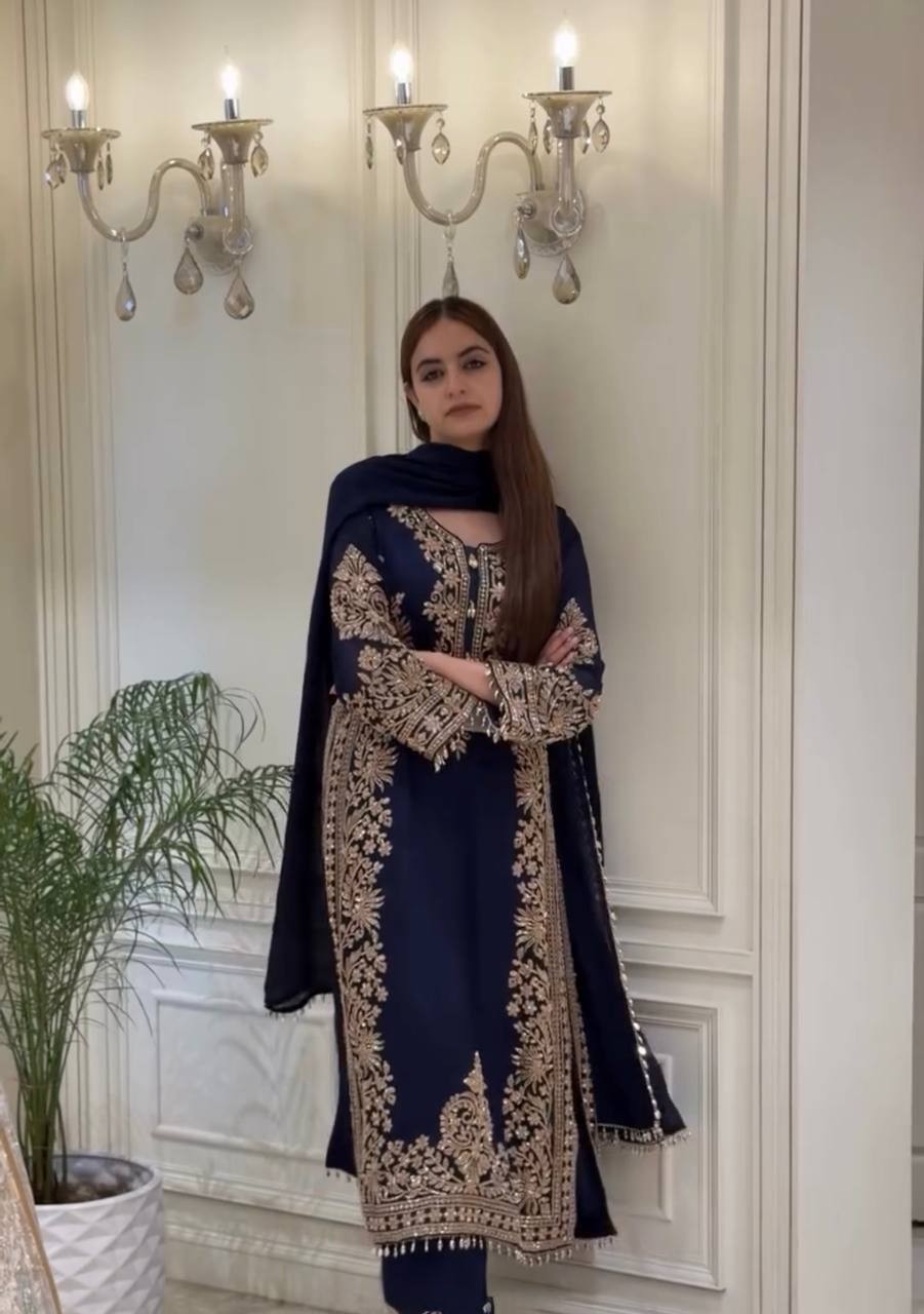 New Designer Faux Georgette Blue Top Palazzo With Dupatta For Functional Wear