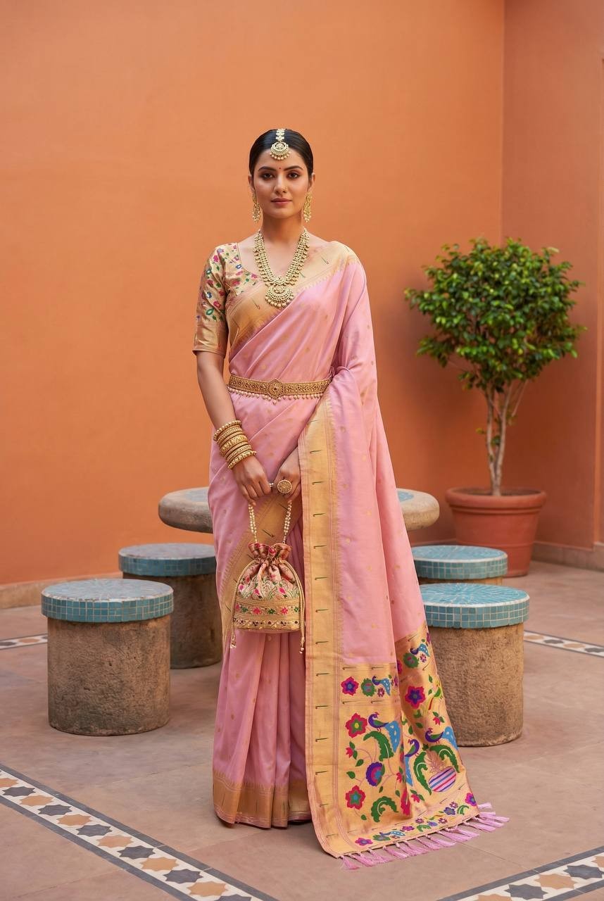 Peach Color Saree Unstitched Blouse Bollywood Party Indian Pethani Sari Wedding