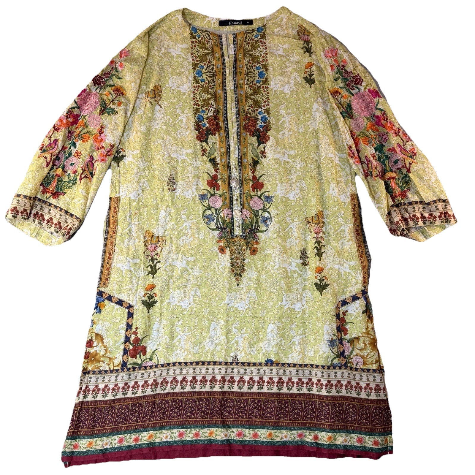 Pakistani Style Embroidered Lawn Kurta Kameez Yellow Floral Beaded Womens 12