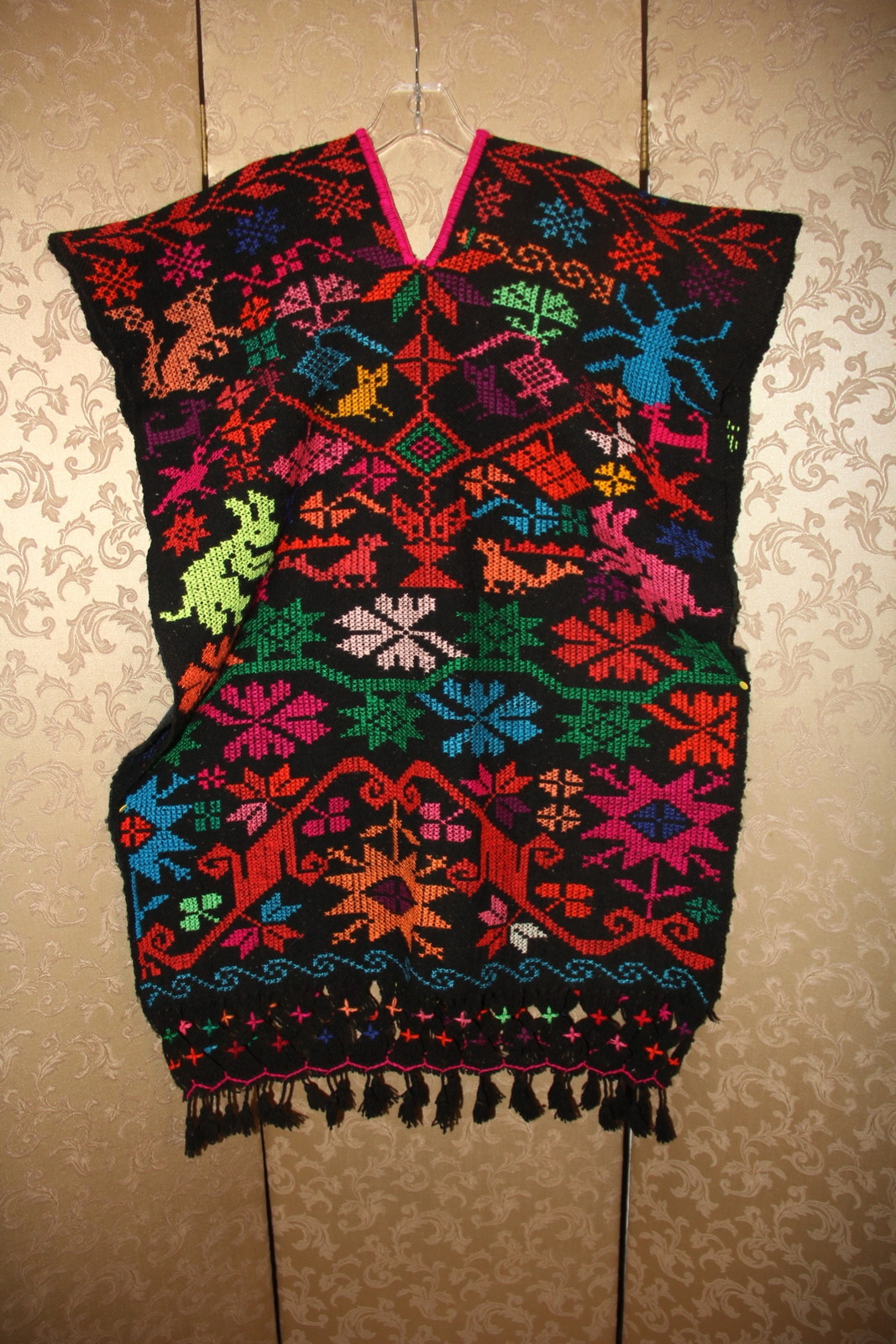 Vintage Black Pink Multi-Color Floral Embroidered Fringe Huipil Poncho S M L XL