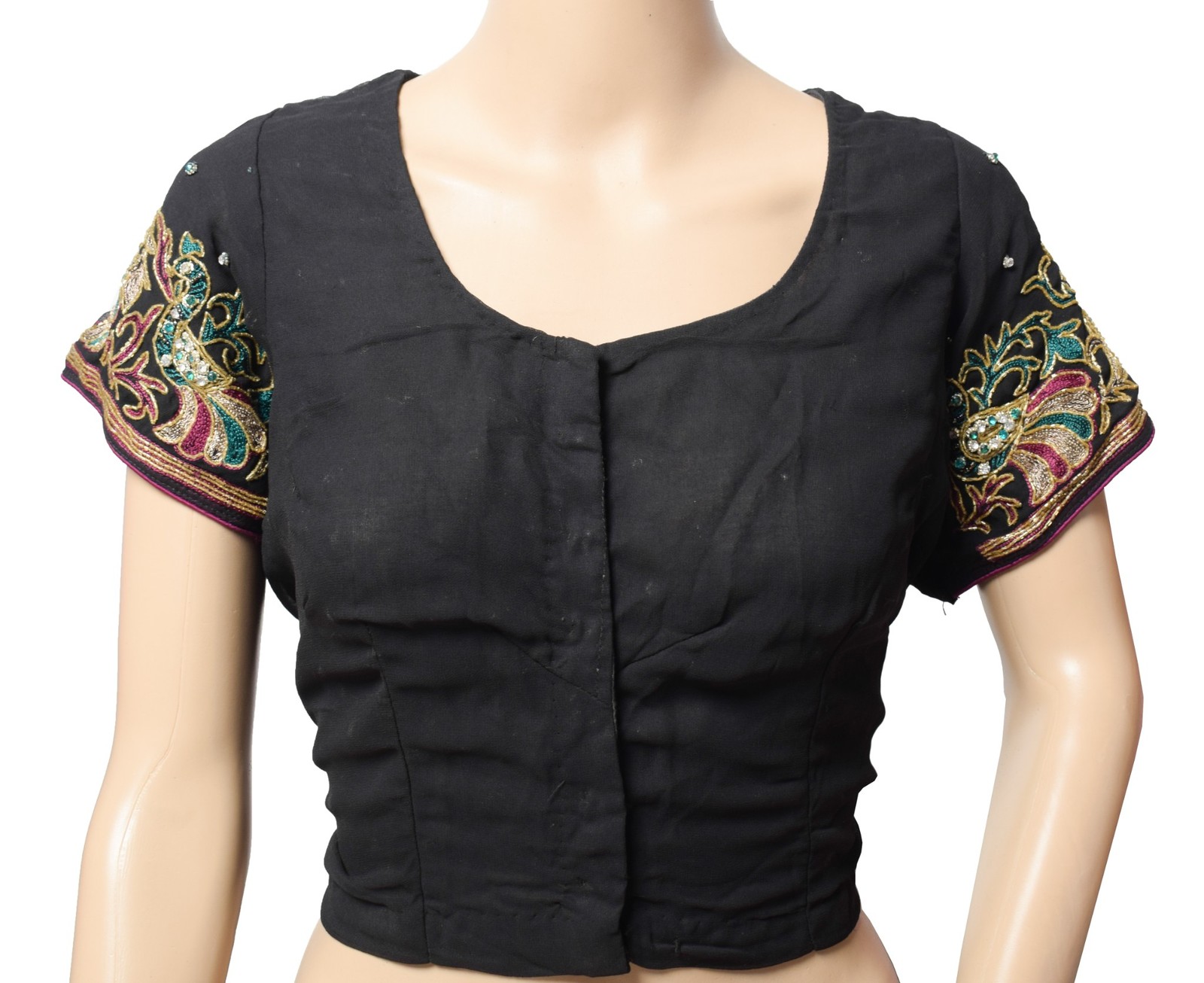 Sushila Vintage Black Stitched Sari Blouse Georgette Hand Beaded Floral Top 44″