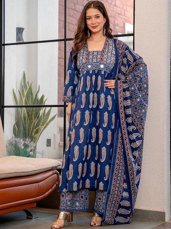 Woman’s Pure Cotton A-Line Kurta Sets with Palazzos & Dupatta|Kurti Set for Woma
