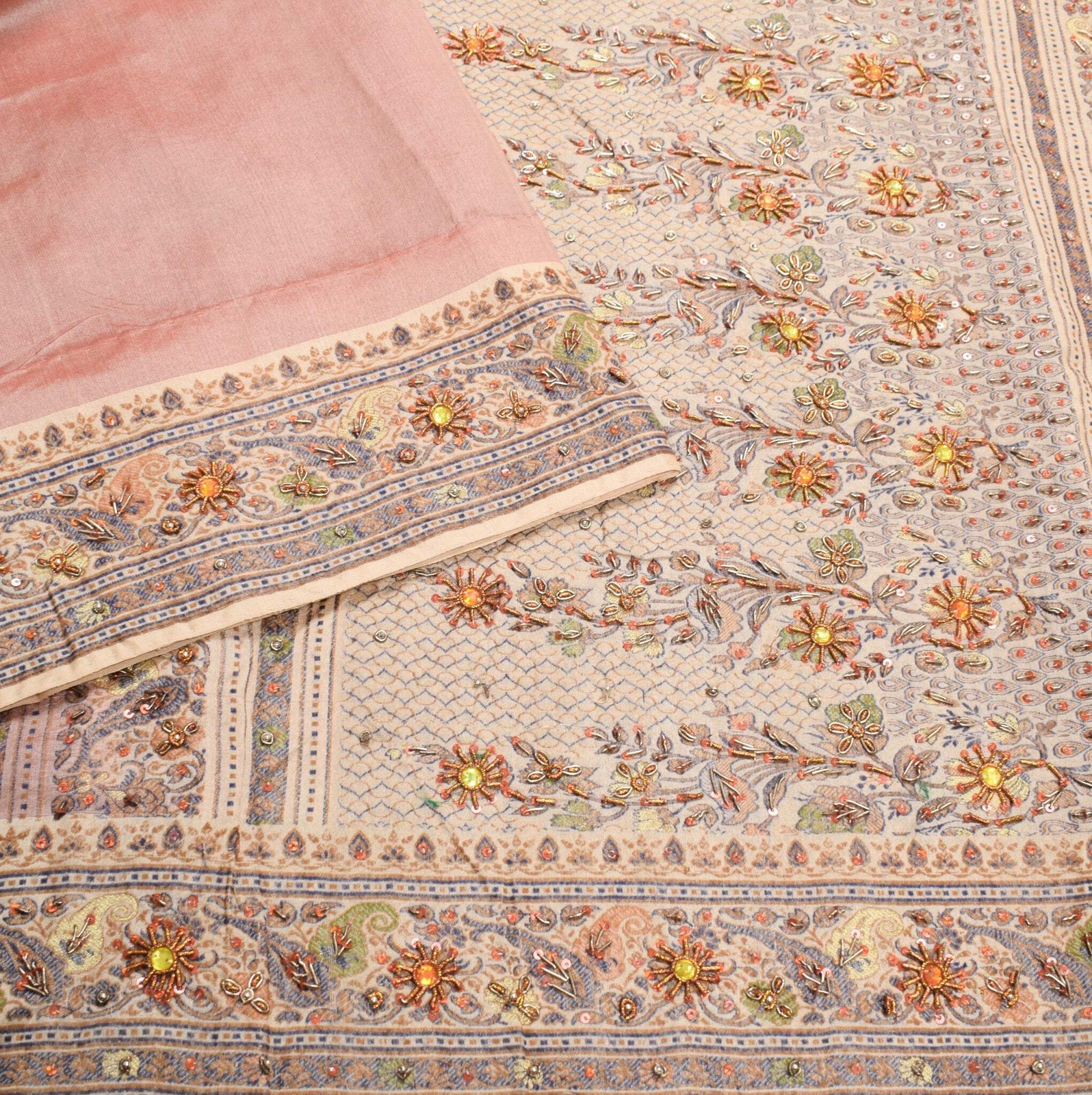 Sushila Vintage Peach Pure Silk Saree Woven & Embroidered Floral 5YD Sari Fabric