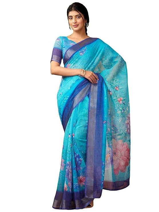Women’s Linen Printed & Zari Border Ready To Wear One Minute Saree