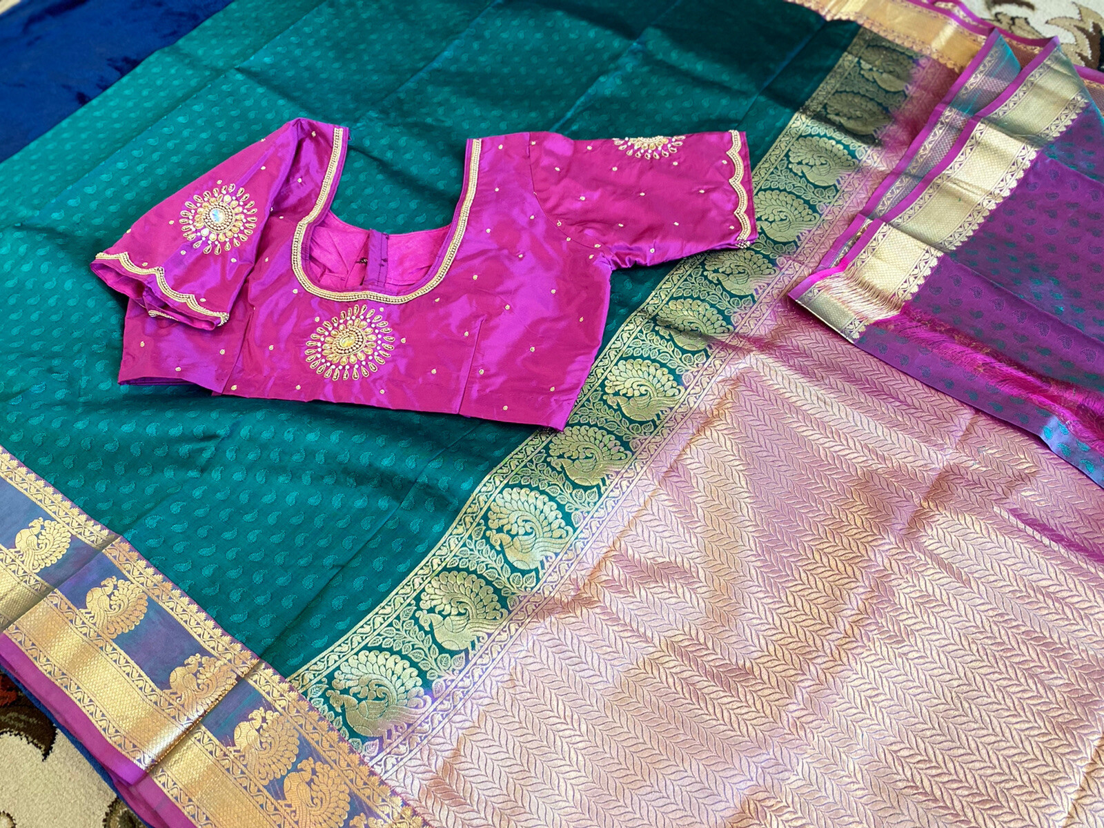 New Kanjivaram Silk Saree with Maggam work Stitched blouse 40/42 Kanchi Pattu