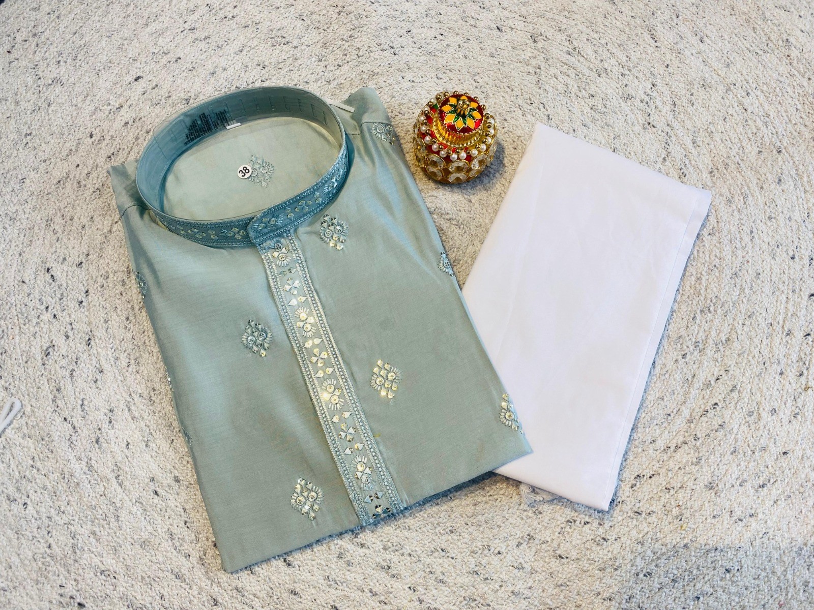 Men’s Traditional Skyblue Embroidered Kurta Pajama Set Festive Wedding Wear