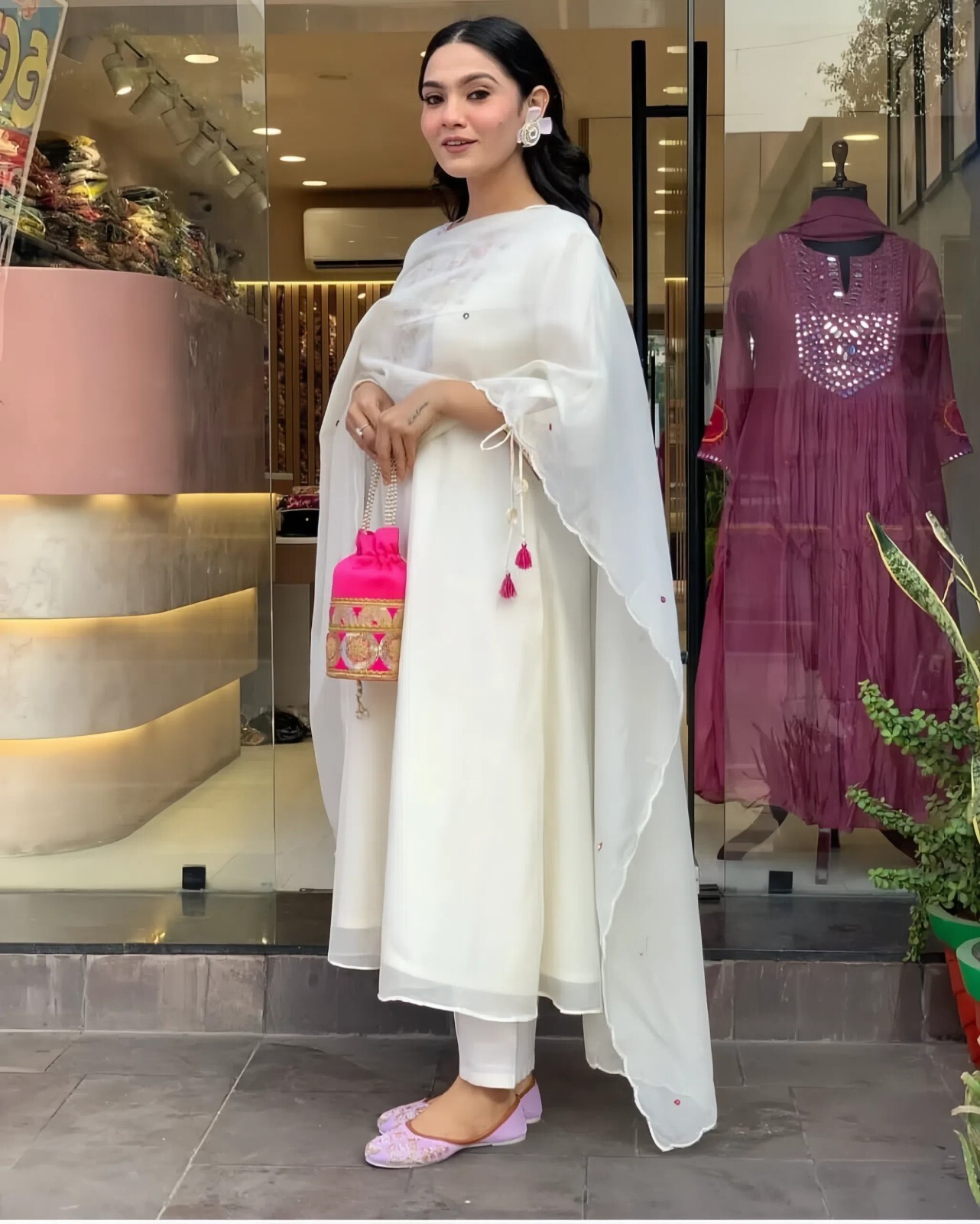 Chanderi Suit Set with Palazzo, Traditional Ethnic Wear With Tassel Details