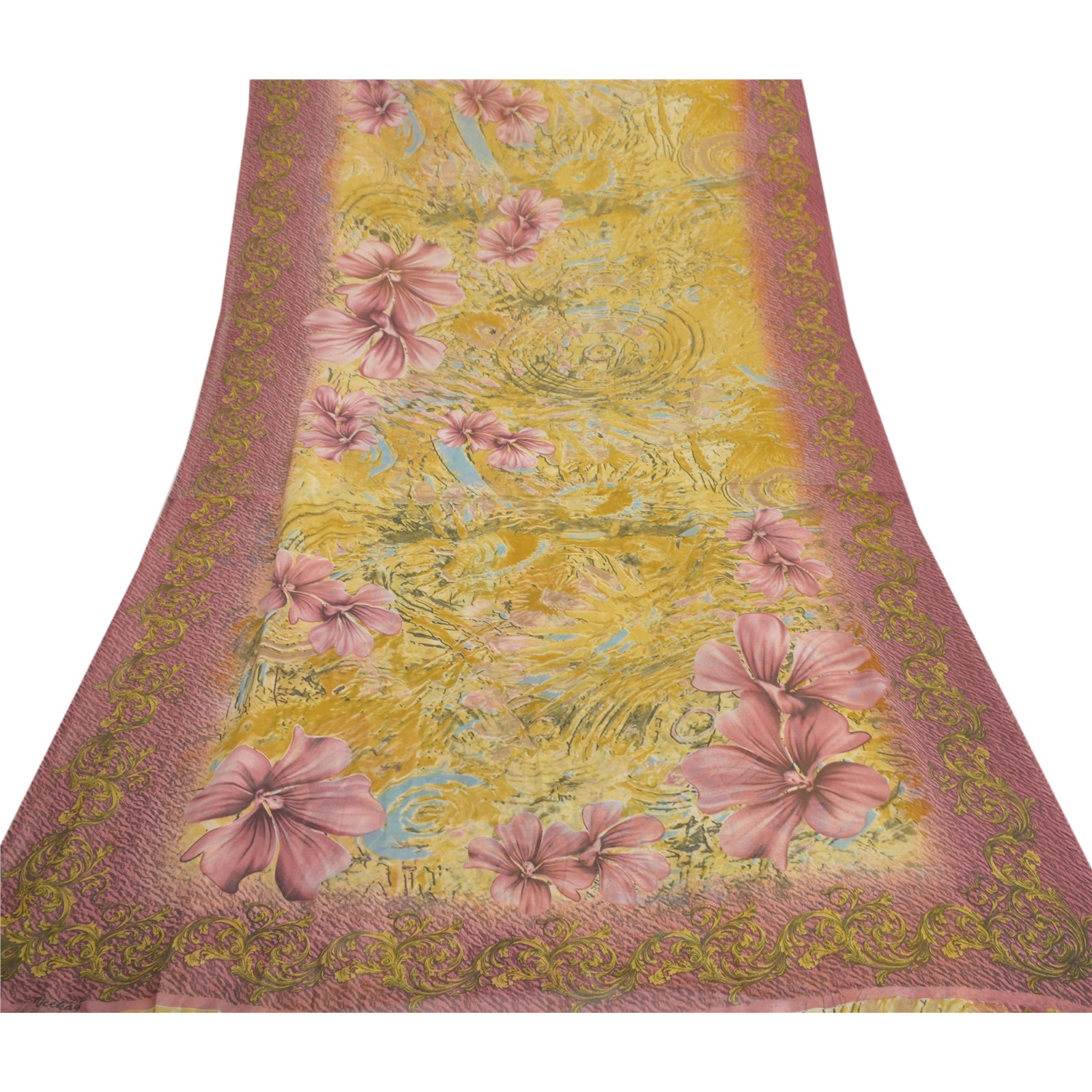 Sanskriti Vintage Pink Indian Sari Georgette Fabric Craft Printed 5 Yard Sarees