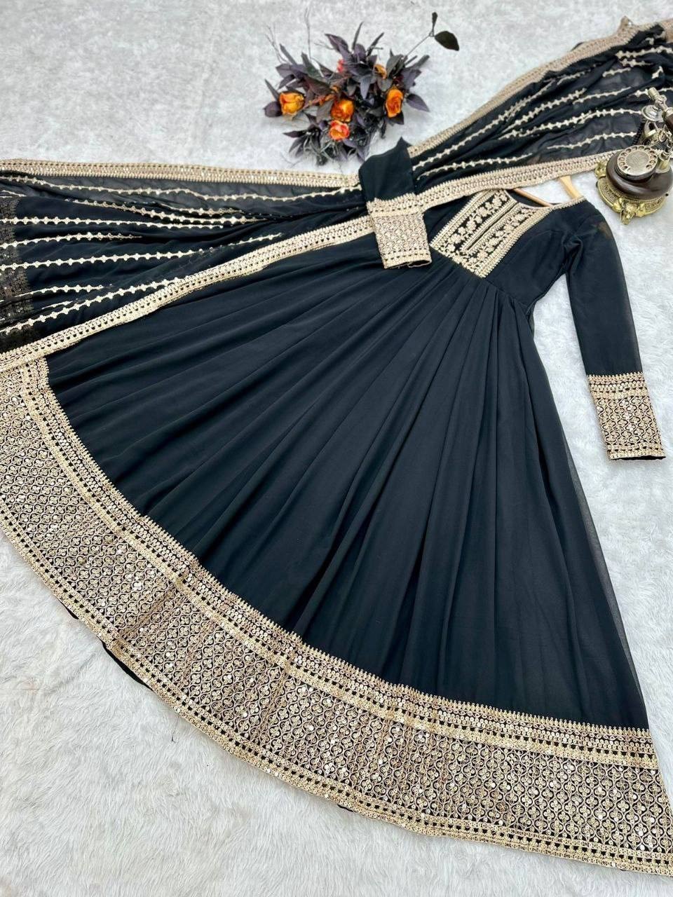 New Collection Black Faux Georgette Gown With Dupatta For Women & Girls