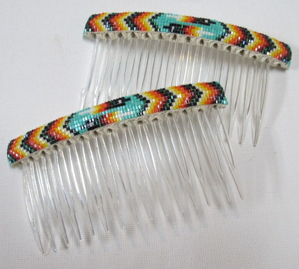 Set Native American Seminole Fire Delicas Beads 4″ Hair Combs by Regina Walker