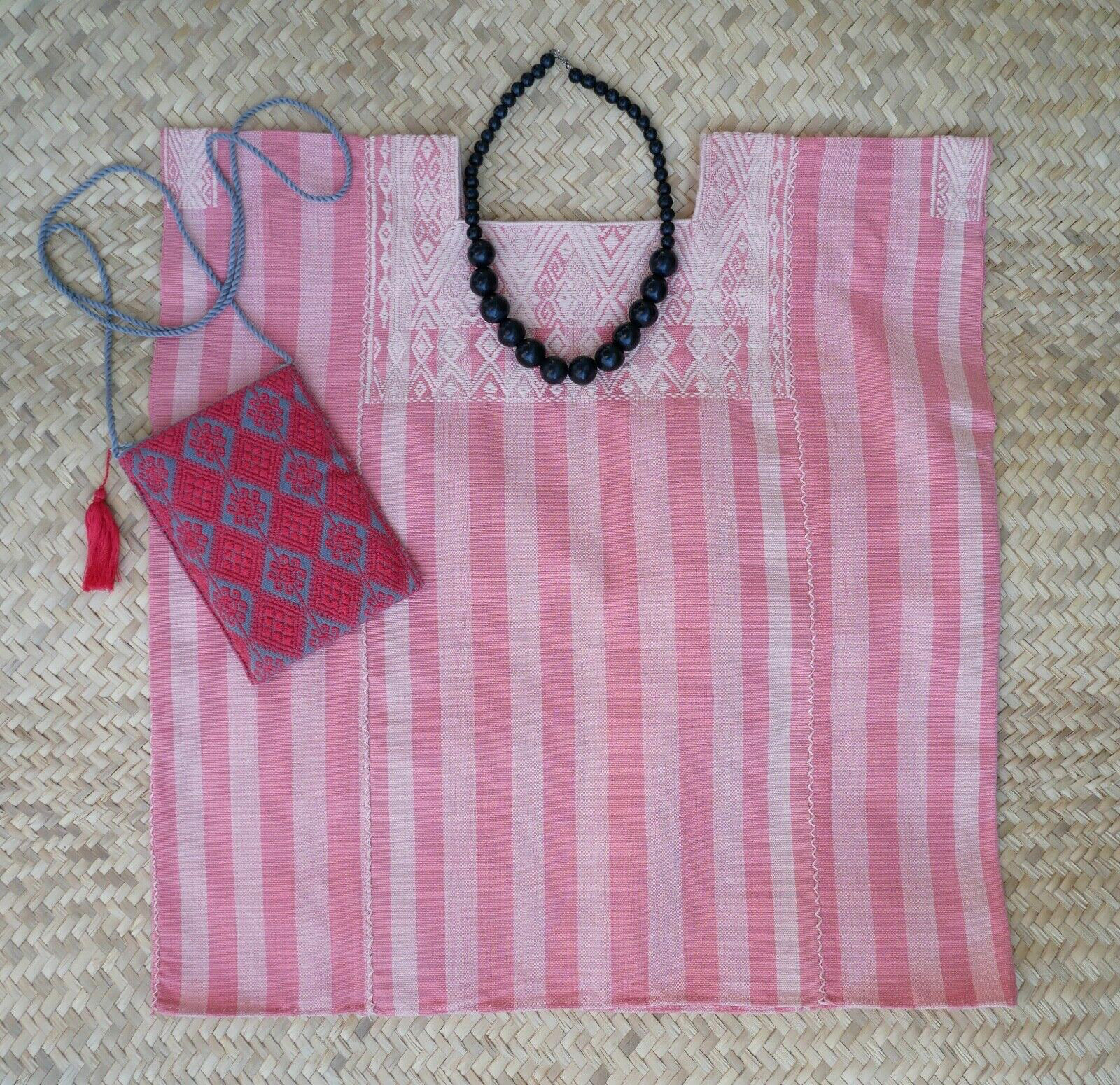Huipil Top Mayan Two Tone Peach Stripe Handwoven Backstrap Loom Chiapas Mexico