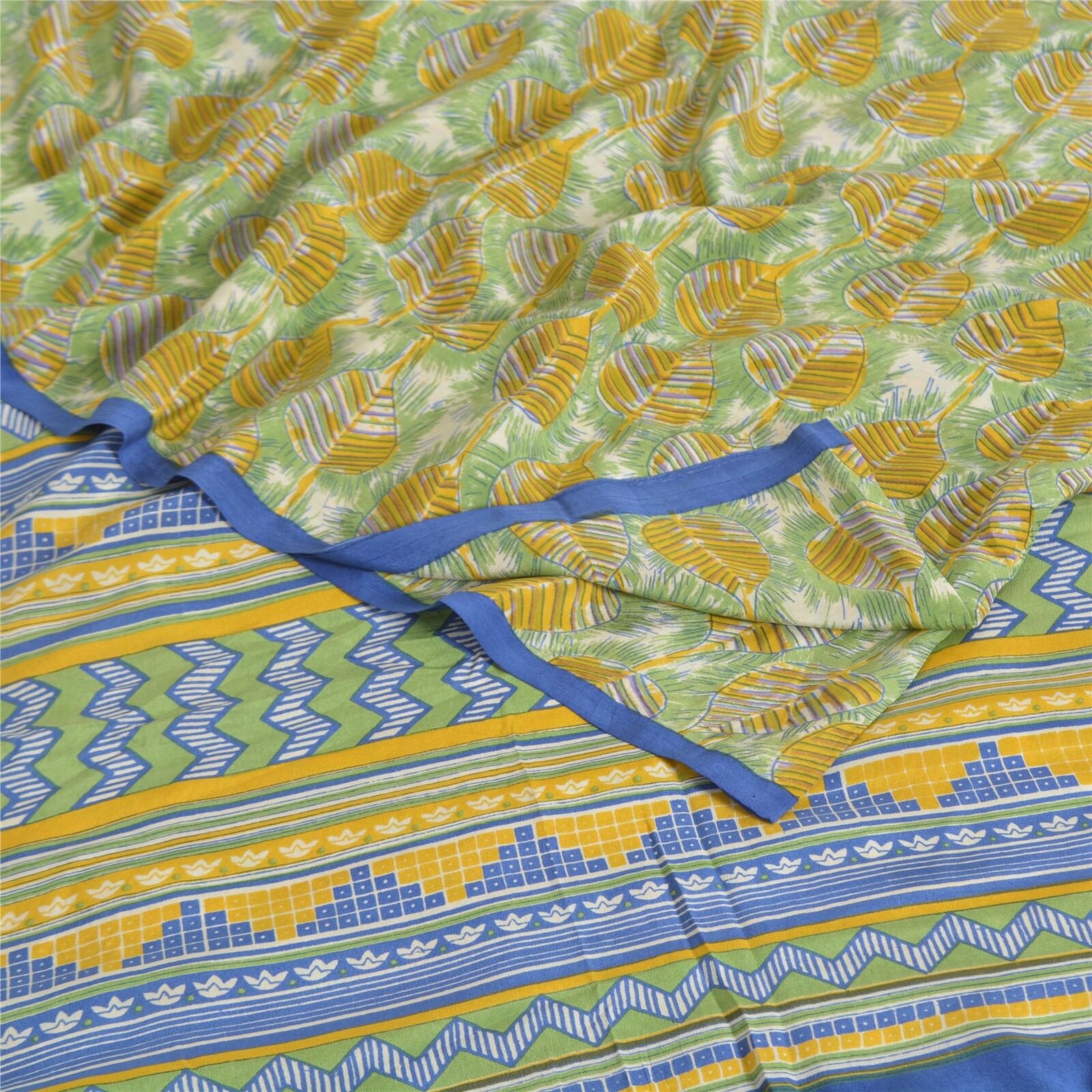 Sanskriti Vintage Sarees Green Pure Crepe Silk Printed Sari 5Yd Craft Fabric