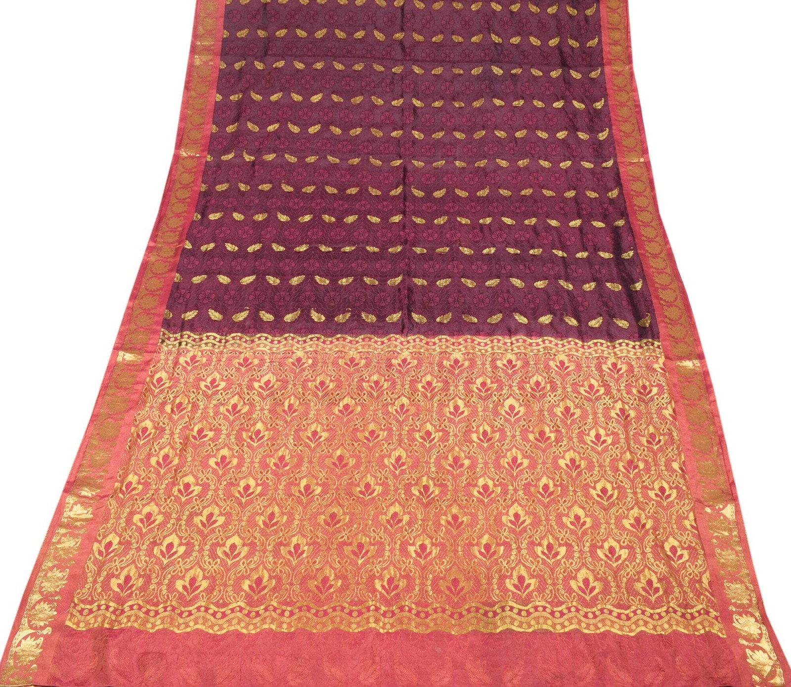 Sushila Vintage Pure Kanjivaram Silk Saree Woven Gold Zari Wine Sari Fabric